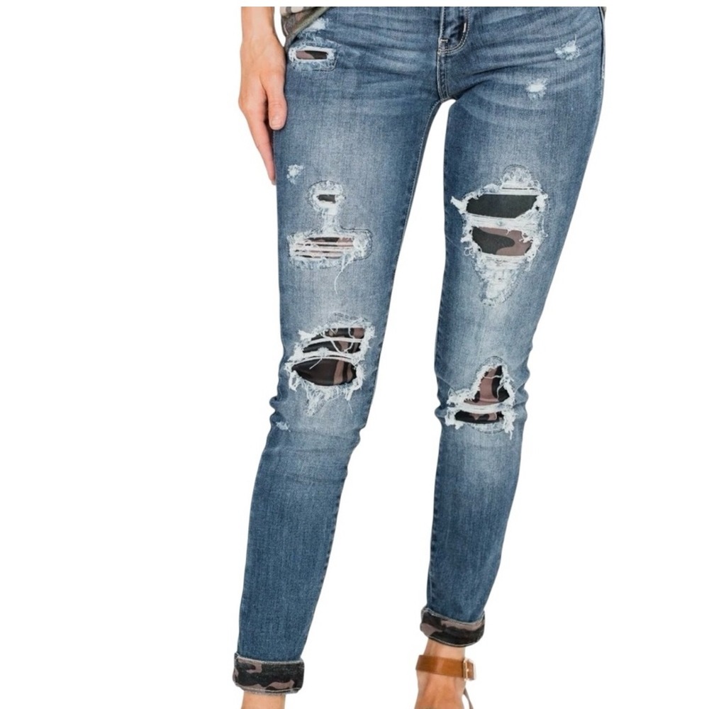 Judy Blue Skinny‎ Fit Distressed Camo Patch Jeans Medium Wash 13/31 Womens